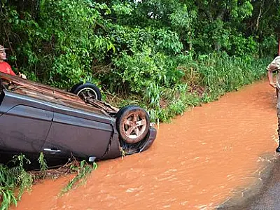 Após aquaplanagem, carro capota na MS-276 em Ivinhema