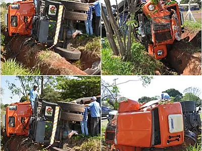 Caminhão que ia para encontro de carros capotou na MS 276