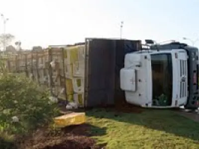 Caminhão carregado de frangos tomba próximo Fátima do Sul