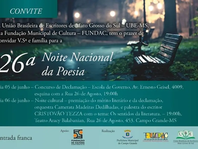 Hoje tem declamação na 26ª Noite Nacional da Poesia na Capital
