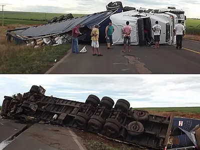 Motorista perde o controle de carreta e tomba veículo na BR-163