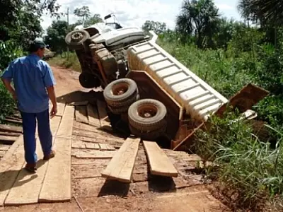 Ponte não suporta peso e caminhão cai em córrego no MT