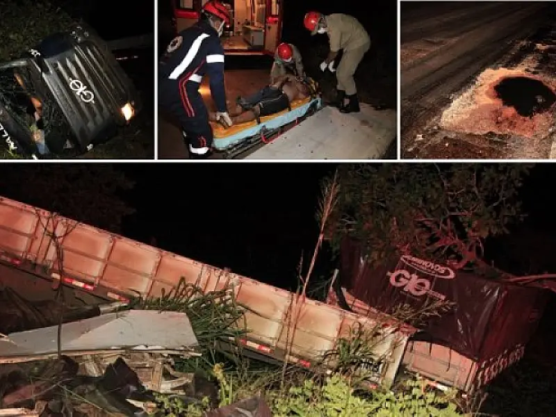 Duas carretas se chocam após uma dela bater em cratera na BR-163