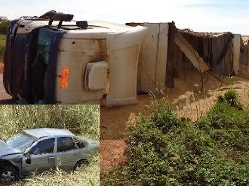 Caminhoneiro tomba carreta e colide com veículo em Rio Verde