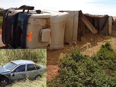 Caminhoneiro tomba carreta e colide com veículo em Rio Verde