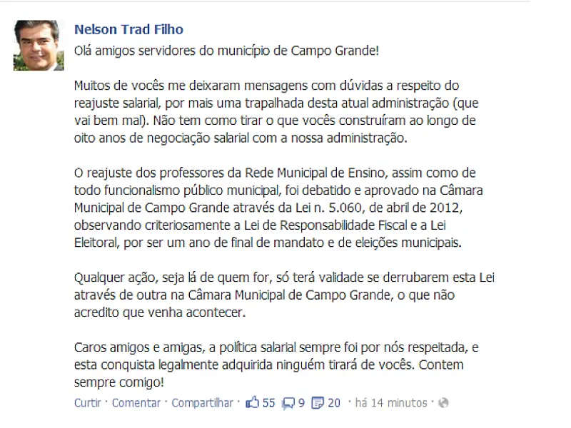 Nelsinho diz que corte do reajuste dos professores é “trapalhada da atual administração”