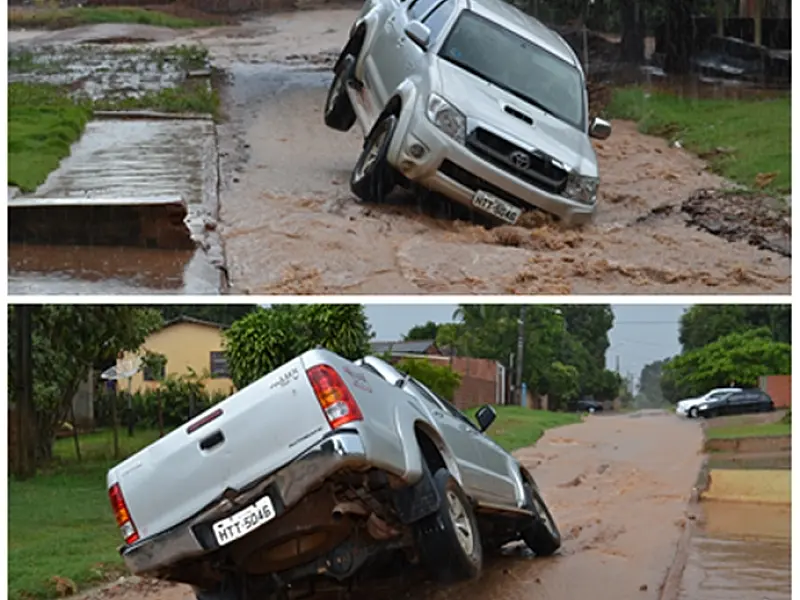 Motorista cai com camionete em buraco causado pela chuva em Coxim