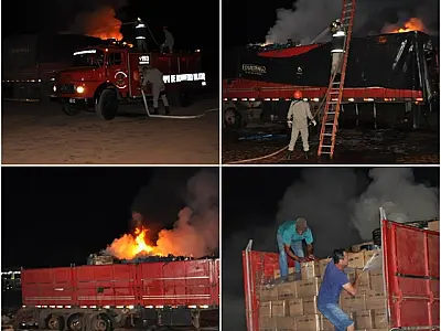 Carreta com produtos inflamáveis pega fogo nas BR-163